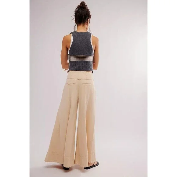 Free People Maxed Out Wide-Leg Trousers Pants Mid-Rise Pleated Beige S-6 278386